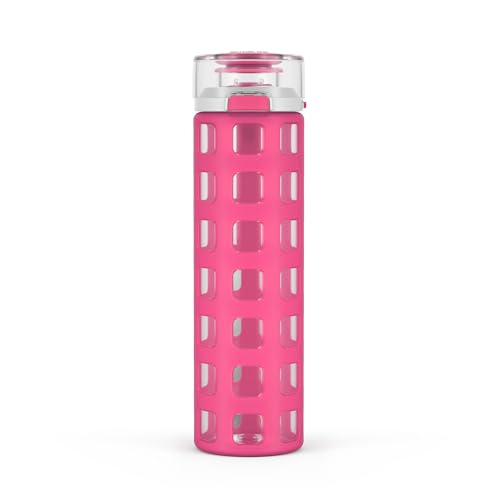 Ello Syndicate 20oz Reusable Glass Water Bottle with One-Touch Leak Proof Flip Lid and Protective Non-Slip Silicone Sleeve and Carry Loop for Coffee, Tea and Water, BPA-free, Dishwasher Safe, Pink - color: Pink