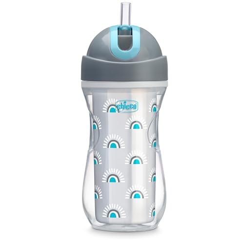 Chicco Insulated Straw Sippy Cup 12+ Months, 9oz Toddler Training Cup with Spill-Free Flip-Top Lid, BPA-Free 2-Pack, Silver/Blue Sunburst - color: Sunburst Silver/Blue, size: 9 Ounces