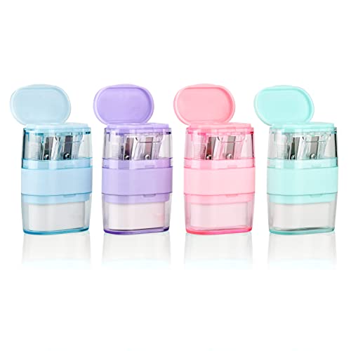 4 PCS Manual Pencil Sharpener with Eraser, Double Hole Multicolored Sharpener with Eraser Fun Stationery Back to School Supplies, Classroom Rewards, and Birthday Party Favors