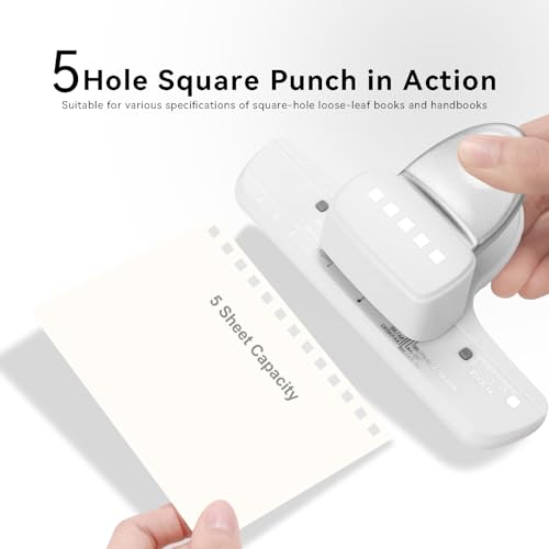 5-Hole Punch Square Paper Punch Manual Book Binding Machine with 20PCS 3:1 Pitch Plastic Spiral Binding Coils for Planners, Notebooks, Journals or Scrapbooks (Silver and White)