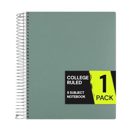 ONAVIA 5 Subject Spiral Notebook College Ruled, 400 Pages, Green | 200 Sheets, 9 x 11 in, 6 Pack Waterproof Plastic Cover, Durable, School Notebooks, Classroom, Teachers - color: Green