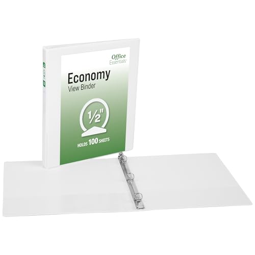 Office Essentials Economy View 3 Ring Binders, 0.5" Round Rings, 0.7" Spine, 100-Sheet Capacity, White Binders (12-Pack of 03422) - size: 0.5"