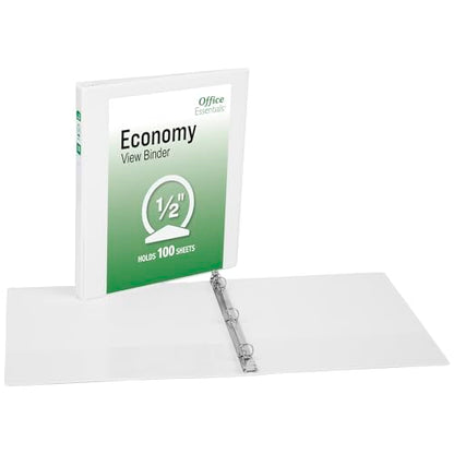 Office Essentials Economy View 3 Ring Binders, 0.5" Round Rings, 0.7" Spine, 100-Sheet Capacity, White Binders (12-Pack of 03422) - size: 0.5"