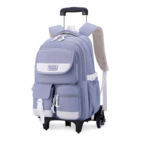 Solid Color Rolling Backpack for Girls Boys Cute Elementary school bag with wheels,Blue Trolley Bags for Travel - color: B-blue-6 Wheels, size: 6 Wheels