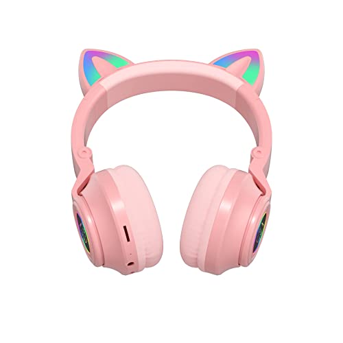 Cat Ear Bluetooth Headphones for Kids & Adults, Wireless Foldable & Wired Multi-Function LED Light Up Over Ear Headphones with Mic and Volume Control for iPhone/iPad/Laptop/PC (Pink 2) - color: Pink 2