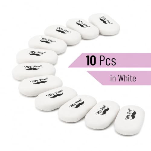 Mr. Pen- White Oval Pencil Erasers, 10 Pack, 1" x 2", Soft Rubber White Pencil Erasers for School, Office, Art Sketching, Homework, Exams, Clean Smudge-Free Correction