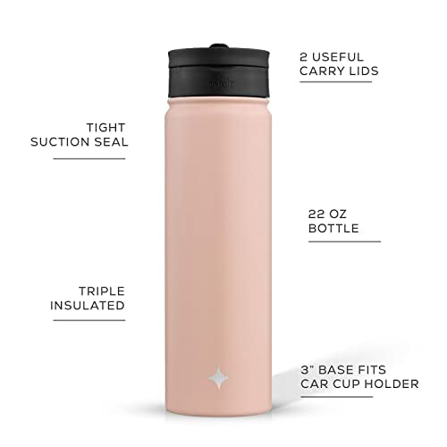 JoyJolt Triple Insulated Water Bottle with Straw Lid AND Flip Lid! 22oz Water Bottle, 12 Hour Hot/Cold Vacuum Insulated Stainless Steel Water Bottle. BPA-Free Leakproof Water Bottles - Thermos Bottle - color: Blush Pink, size: 22 Ounces