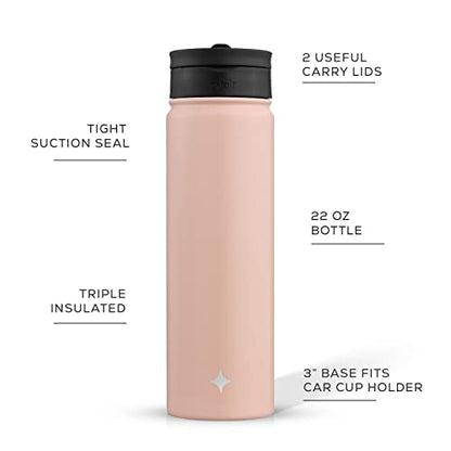 JoyJolt Triple Insulated Water Bottle with Straw Lid AND Flip Lid! 22oz Water Bottle, 12 Hour Hot/Cold Vacuum Insulated Stainless Steel Water Bottle. BPA-Free Leakproof Water Bottles - Thermos Bottle - color: Blush Pink, size: 22 Ounces