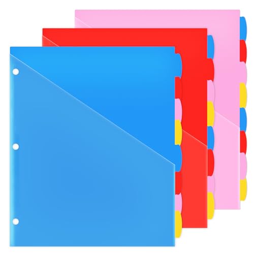 WOT I 8-Tab Binder Dividers with Clear Front Pocket - 3 Sets, Reusable Plastic Pocket Dividers for 3 Ring Binder, 4 Vibrant Colors, Tear-Resistant, Total 24 Tabs - color: Blue,pink,red,yellow - Clear Front Pocket, size: 24 Tabs