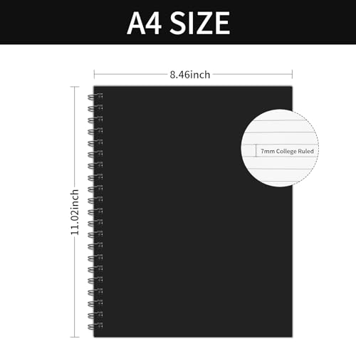 Lined Spiral Notebook A4 Large Black Journal 8.5" x 11"-4 Pack 7mm College Ruled Hardcover Notebooks 160 Pages 100GSM Thick Paper for Note Taking School Office Supplies - style: Lined
