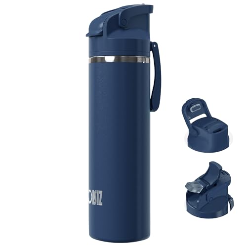 OISIZ Insulated Water Bottle 24 oz with 2 in 1 Spout and Straw Lid,One Click Safety Lock,100% Leakproof,Keep Cold 24H,Vacuum Stainless Steel Water Bottle for School,Travel and Sports,Dishwasher Safe - color: Navy Blue, size: 24 Ounces