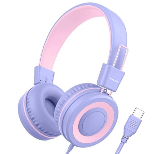 Bywulanda Upgrade USB Type C Kids Headphone for School, 94dB Safe Volume Limited, HD Stereo Sound, Foldable Lightweight On-Ear Headphones for Boys/Girls/Students/Tablet/Travel(Light Purple) - color: Light Purple