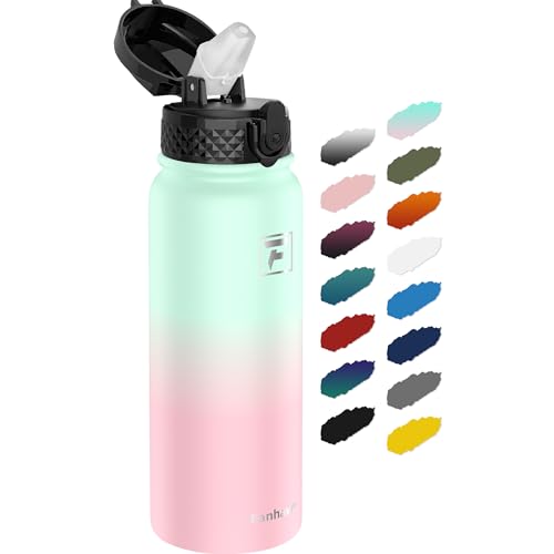 Fanhaw 20 Oz Kids Insulated Stainless Steel Water Bottle with Straw Lid, Leakproof & Anti-Dust Everyday Use Bottle for School, Women & Men, Back to School Essentials (Green Pink) - color: Green Pink, style: 20 Ounces