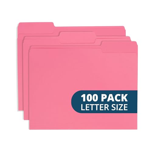 Blue Summit Supplies 100 Pink File Folders, Letter Size, 1/3 Cut Tab, 11pt | Durable 11pt pink paper, 1/3 cut tabs, holds letter size documents, home and office color coded filing - color: Pink