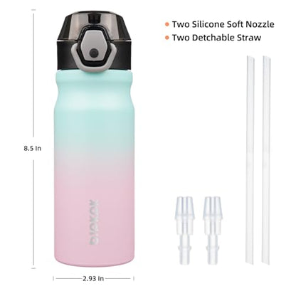 BJPKPK 18oz Insulated Water Bottle with Straw Stainless Steel Double Wall Water Bottles BPA Free Leak Proof Thermal Flask with Lockable Flip Lid and Soft Silicone Spout,Bubble Gum - color: A-Bubble Gum, size: 18 Ounces