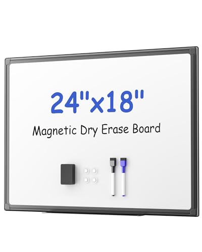 VUSIGN Black Aluminum Magnetic White Board 24" x 18" with Dry-Erase Eraser, Multicolor Markers, Magnetic Pins for Office, Home, School