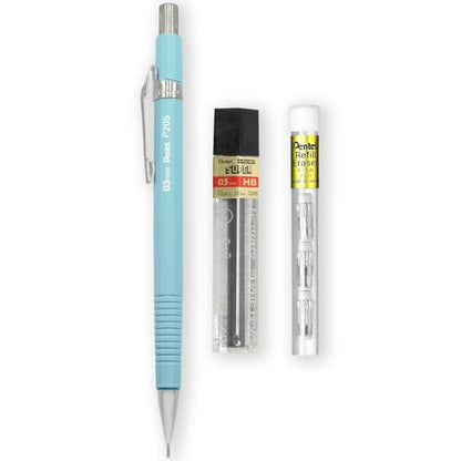 Pentel P205-97C Mechanical Automatic Pencil - Pastel Floral Range - Single + 12 Hi-Polymer HB 0.5mm Refill Leads + Z2-1N Eraser Refills Tube of 4 (Pastel Blue) - color: Pastel Blue