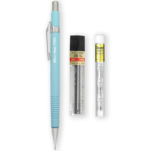 Pentel P205-97C Mechanical Automatic Pencil - Pastel Floral Range - Single + 12 Hi-Polymer HB 0.5mm Refill Leads + Z2-1N Eraser Refills Tube of 4 (Pastel Blue) - color: Pastel Blue
