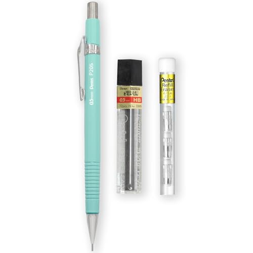 Pentel P205-97C Mechanical Automatic Pencil - Pastel Floral Range - Single + 12 Hi-Polymer HB 0.5mm Refill Leads + Z2-1N Eraser Refills Tube of 4 (Pastel Green) - color: Pastel Green