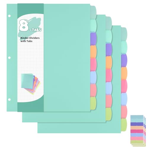 3 Sets of 24Pcs Binder Dividers with Tabs, 8 Tab Dividers for 3 Ring Binder | Waterproof Plastic Page Notebook Index Dividers for Office School Home Document file Organization, Letter size 8.5 × 11 Inch - color: Colorful (Green), size: 3 Set/24 Pcs