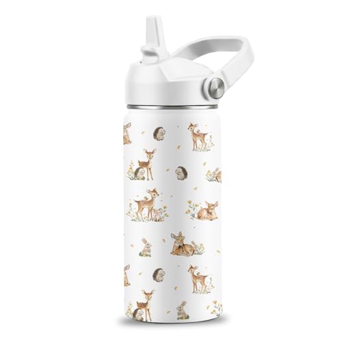 Forest Animals Lovers Gifts, 16 oz Water Bottles with Straw Lid, Stainless Steel Insulated Water Bottle, Cute Deer Hedgehog Rabbit Cups Gifts for Birthday Christmas - color: Cute Animals