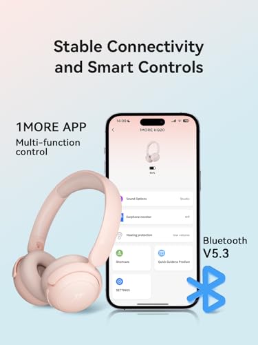 1MORE HQ20 Wireless On-Ear Headphones with Microphone, 85dB Safe Volume, 65H Playtime, Lightweight Foldable Bluetooth Headphones for School/Travel, Android and iOS Compatible, Pink - color: Pink