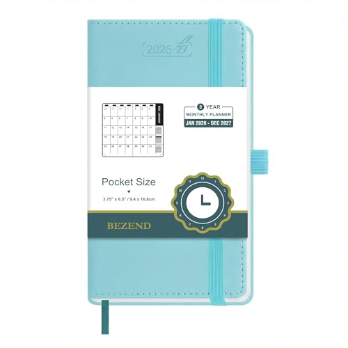 BEZEND Pocket Monthly Planner 2026-2027 (3.5" x 6.5") 2 Year Calendar Book for Purse with Note Pages, 100 GSM Paper, Inner Pocket, Pen Holder, Vegan Leather Hardcover in Sky Blue - color: Sky Blue, size: Pocket 3.5" x 6.5"