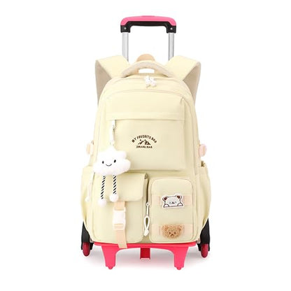 Girls Rolling Backpack with Wheels, School Backpack with Wheels for Girls, Rolling School Bag Roller Bookbag Kids Carry-on Luggage, Light yellow - color: 6 Wheels Light Yellow