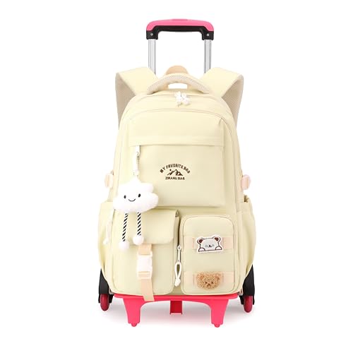 Girls Rolling Backpack with Wheels, School Backpack with Wheels for Girls, Rolling School Bag Roller Bookbag Kids Carry-on Luggage, Light yellow - color: 6 Wheels Light Yellow
