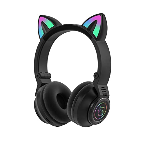 Cat Ear Bluetooth Headphones for Kids & Adults, Wireless Foldable & Wired Multi-Function LED Light Up Over Ear Headphones with Mic and Volume Control for iPhone/iPad/Laptop/PC (Black) - color: Black
