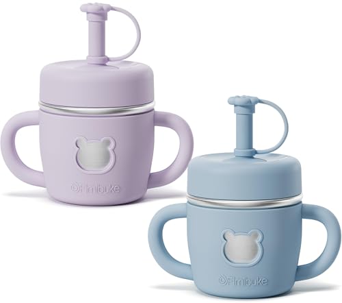 Fimibuke Sippy Cups for Toddlers, 10 OZ Spill Proof Kids Cup, Leak Proof Stainless Steel Tumbler with Handle, Silicone Straw & Sleeve, BPA Free Dishwasher Safe Girl Boy Kids Water Bottle, 2 Packs - color: Lavender & Blue
