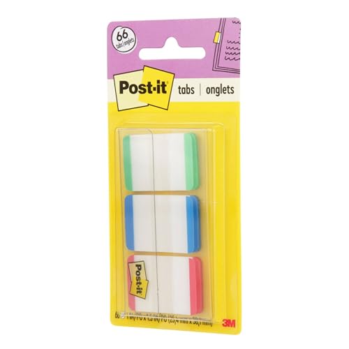Post-it Tabs, 1 in, Lined, Green, Blue, Red, 22 Tabs/Color, 66 Tabs/On-the-Go Dispenser (686L-GBR) (Pack of 2) - size: 0.4" x 2.8" (Pack of 2)