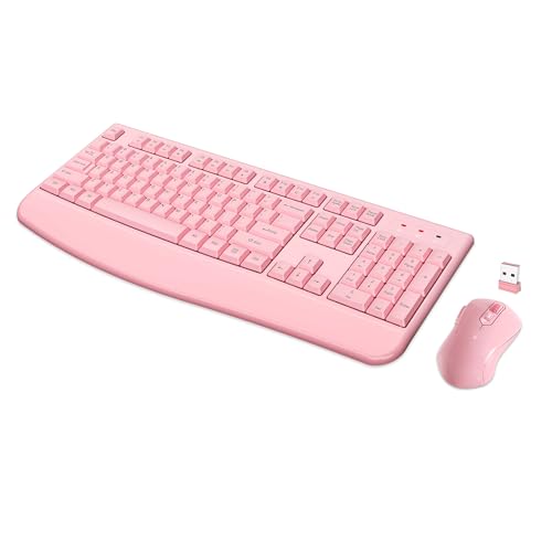 Wireless Keyboard and Mouse Combo, Full-Sized 2.4GHz Wireless Keyboard with Comfortable Palm Rest and Optical Mouse for Windows, Mac OS PC/Desktops/Computer/Laptops (Full Pink) - color: Full Pink