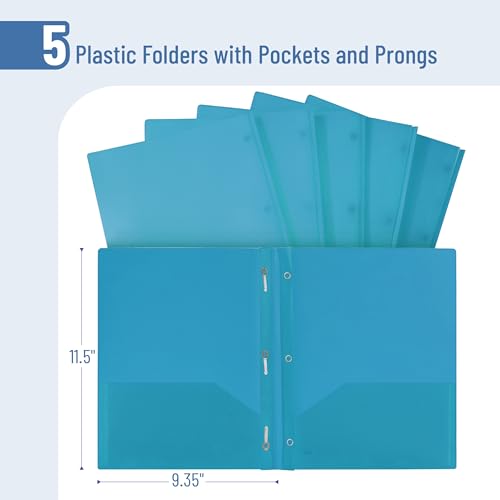 Mr. Pen- Plastic Folders with Pockets and Prongs, 5 Pack, Letter Size | Pocket Folders, Folders with Prongs, File Folders with Fasteners, 2 Pocket Folder, Folder with Pockets - color: Blue, size: 5 Pack