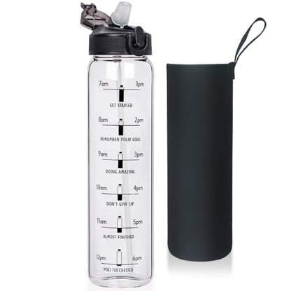 32oz Sports Motivational Glass Water Bottle with Time Maker, Large Reusable Glass Drinking Bottle with Flip Lid and Sleeve, BPA Free