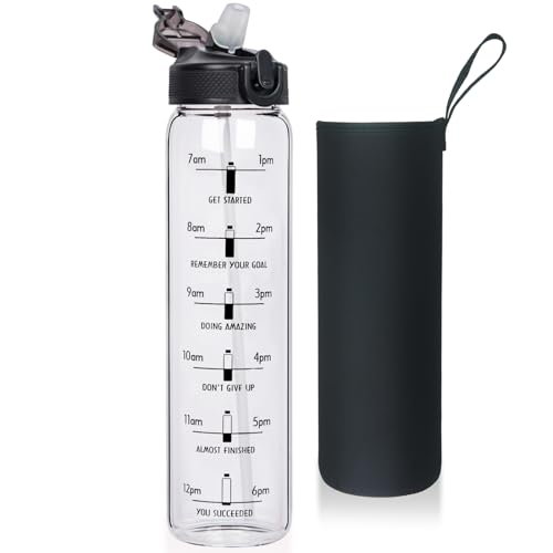 32oz Sports Motivational Glass Water Bottle with Time Maker, Large Reusable Glass Drinking Bottle with Flip Lid and Sleeve, BPA Free