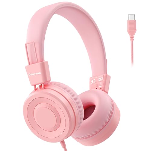 Cowyawn USB Type C Kids Headphones for School, Wired Toddler Headphones, 94dB Volume Limited, HD Stereo Sound, Foldable Lightweight On-Ear Wired Headphones for Kids/Children/Teens/Boys (Light Pink) - color: Light Pink