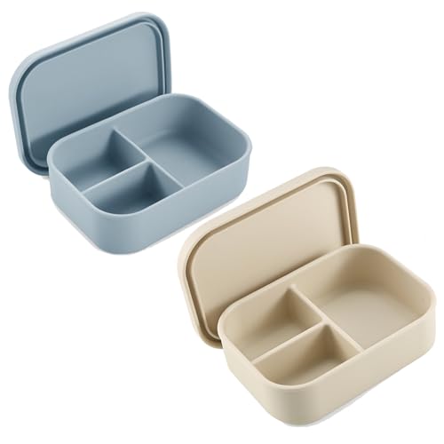 PandaEar 2 Pack Silicone Bento Lunch Box for Toddlers Kids, 3-Compartment Lunch Containers, Leak-Proof & BPA-Free, Microwave & Dishwasher Safe (Blue & Beige)