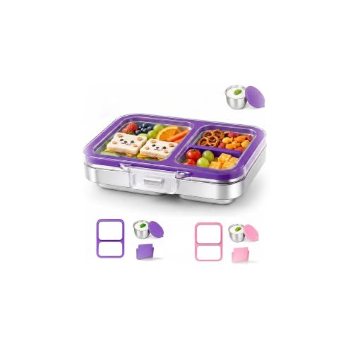 Leak-Resistant 18/8 Stainless Steel Bento Lunch Box Kids 7+ and Adults | 2 Swappable Style Accessories, BPA-Free Tritan Lid, Dishwasher Safe, School, Office & Travel - color: Purple