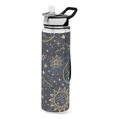 ALAZA Bohemian Sun Moon Water Bottle with Straw,Leakproof Tritan Clear Sports Water Bottle Boho Star Kids Water Bottle for School Outdoor Sports Drinking,32 oz - color: Bohemian Sun Moon, size: Large