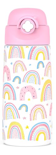 Girls Insulated Water Bottle with Covered Pop-Up Straw,16 oz Kids Cups with Stainless Steel Leak Proof for School（Rainbow-Pink） - color: A11.Rainbow, style: 1Pack