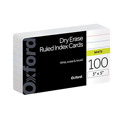 Oxford Dry Erase Index Cards, 3x5 Ruled, Reusable Flash Cards, Double Sided Dry & Wet Erase Cards for Gaming, Study or Vocabulary, 100-Pack (63512) - style: 100 Ruled