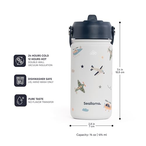 Seallama. Kids Water Bottle -14 oz Stainless Steel Tumbler with Straw Lid, Vacuum Insulated Double Wall Travel Cup, Leak-Proof Reusable Drink Bottle for School & Everyday Hydration - color: Jet Set Go