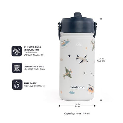 Seallama. Kids Water Bottle -14 oz Stainless Steel Tumbler with Straw Lid, Vacuum Insulated Double Wall Travel Cup, Leak-Proof Reusable Drink Bottle for School & Everyday Hydration - color: Jet Set Go