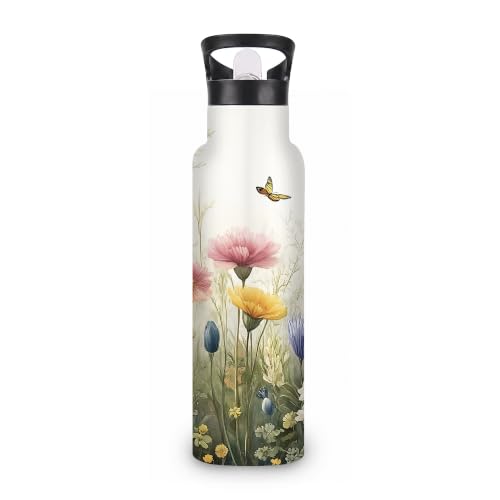 Flower Insulated Water Bottle,Butterfly Stainless Steel Water Bottles 20 oz with Straw Lid,Leak Resistant Double Wall Insulated Flask with Handle for Travel Outdoor Gym - color: Flower,Butterfly
