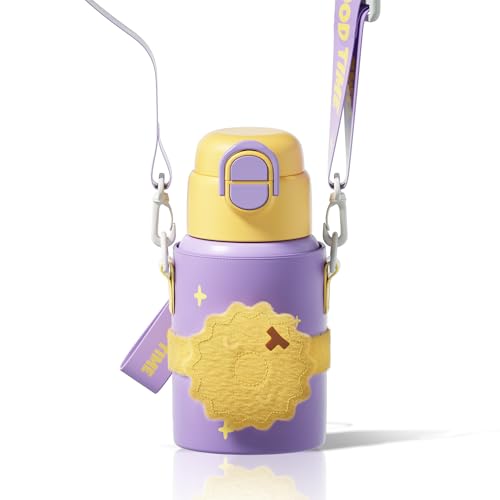 SDGA+ Kids Insulated Water Bottle with Shoulder Strap - 22 oz Kawaii Stainless Steel Tumbler with 3D Fuzzy Charm, Leak-Proof Flip Top & Vacuum Flask for School, Travel, BPA Free, Yellow - color: Yellow
