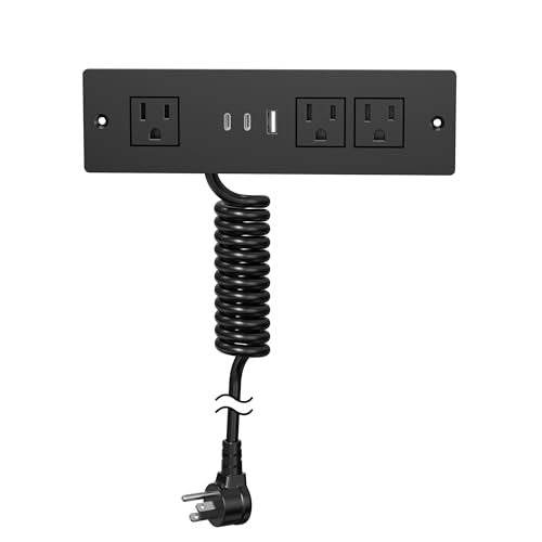 Furniture Drawer Outlet, Recessed Power Strip with (3) PD 20W USB Ports Fast Charging & (3) 15 Amp AC Outlets, (14 AWG) 5 FT Spring Black Cord - color: Black, size: 5 FT