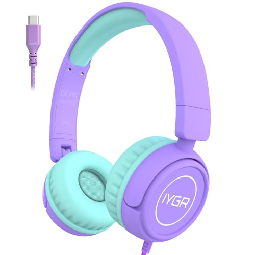 K6C Kids Headphones with USB-C, for Toddler & Kids Ages 2-12, 85dB Safe Volume Limited, Adjustable Headband & Foldable Wired, On-Ear Headphones for School, Travel, Tablet, iPad - color: Purple