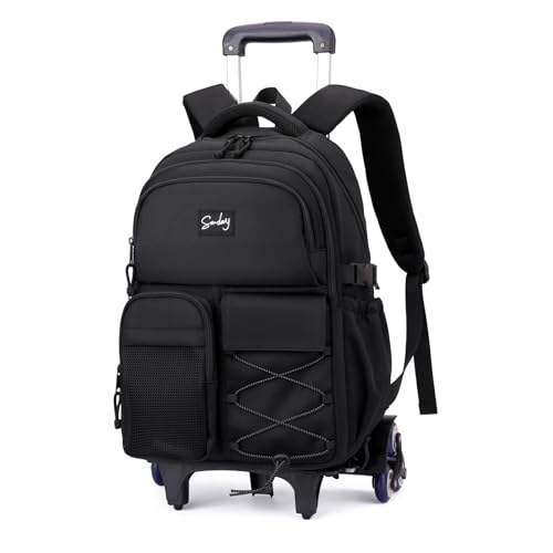 Rolling Backpack for Boys with Wheels Roller Laptop Bookbag for Kids | Trolley Bag for School Wheeled School Bag for Teen Boys Black - color: H 6 Wheels-black