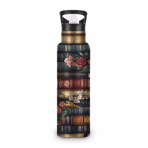 Books Flowers Insulated Water Bottle with Straw 20 oz,Vintage Garden Stainless Steel Leak Resistant Double Wall Water Bottles with Handle for Gym Sports Travel Outdoor - color: Books Flowers,Vintage Garden